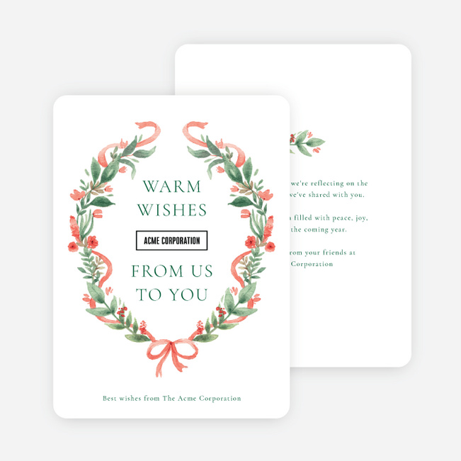 Wreath & Ribbon Corporate Holiday Cards & Corporate Christmas Cards - White