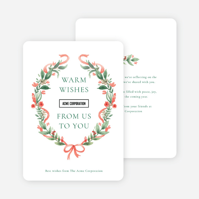 Wreath & Ribbon Corporate Holiday Cards & Corporate Christmas Cards - White
