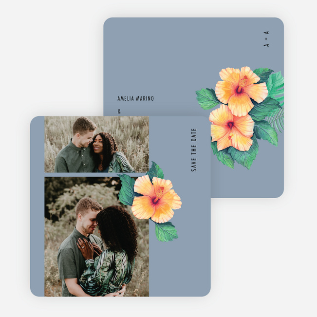 Orange Hibiscus Wishes Save the Date Cards - Blue
