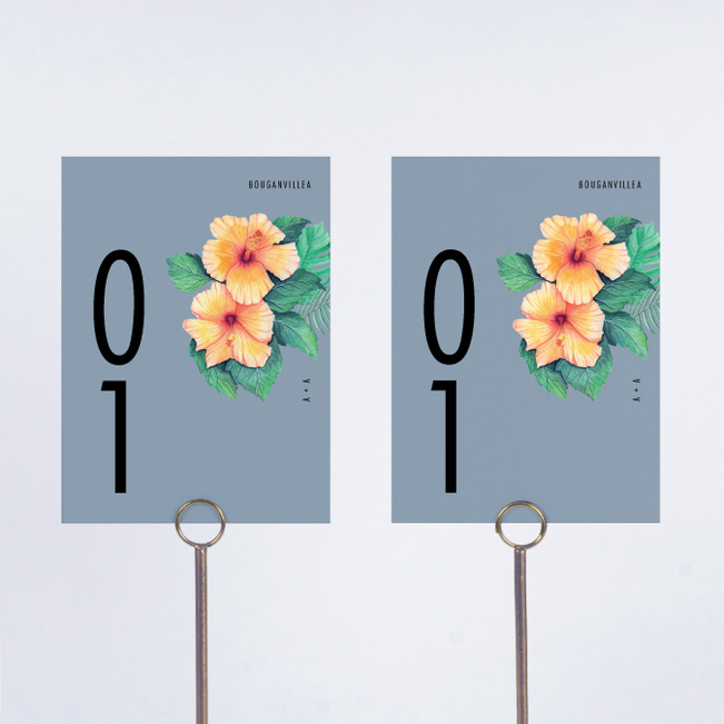 Orange Hibiscus Wishes Wedding Table Cards - Blue