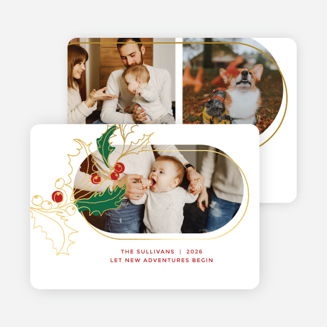 Foil Holly Overlap Holiday Cards and Invitations - Yellow