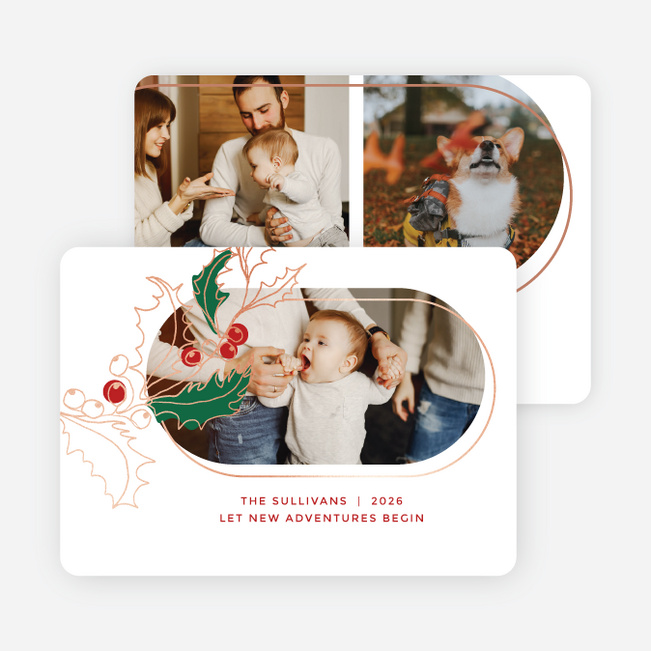 Foil Holly Overlap Holiday Cards and Invitations - Pink