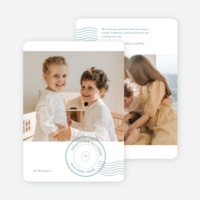 Stamped Cheers of Gratitude New Year Cards and Invitations - Blue