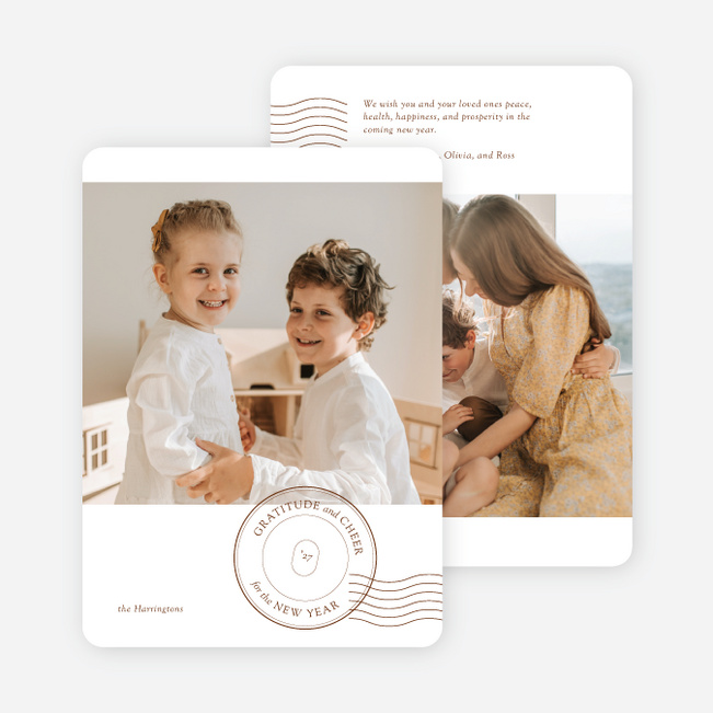 Stamped Cheers of Gratitude New Year Cards and Invitations - Brown