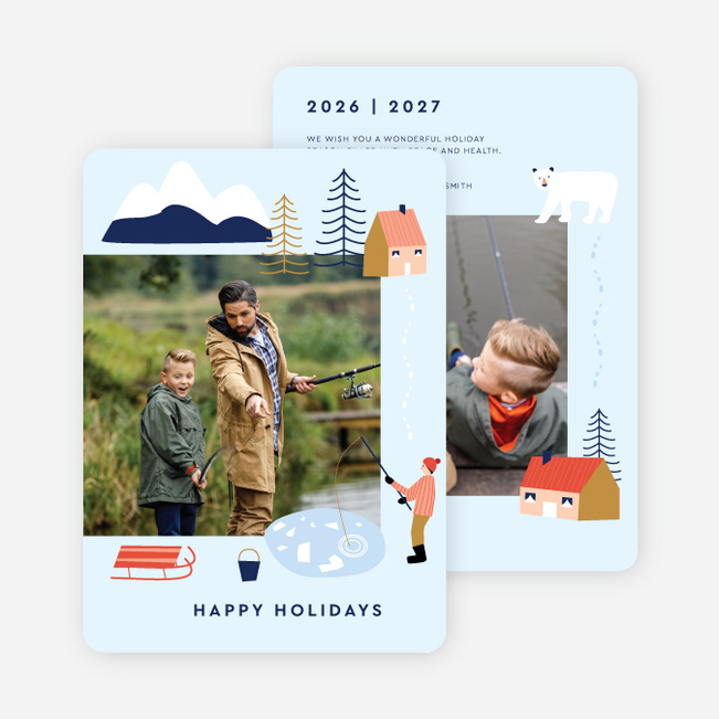 Ice Fishing Fun Holiday Cards and Invitations - Blue