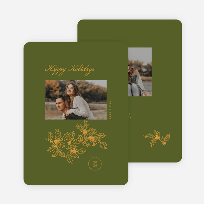Delicate Holly Outline Holiday Cards and Invitations - Green