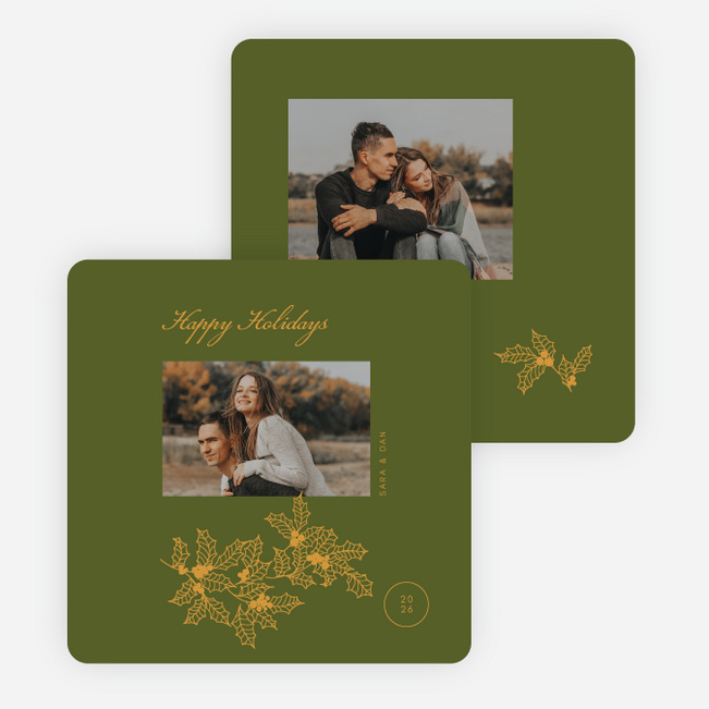 Delicate Holly Outline Holiday Cards and Invitations - Green