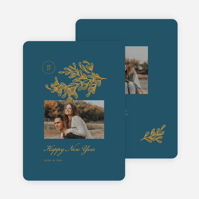 Delicate Holly Outline New Year Cards and Invitations - Blue