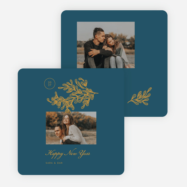 Delicate Holly Outline New Year Cards and Invitations - Blue