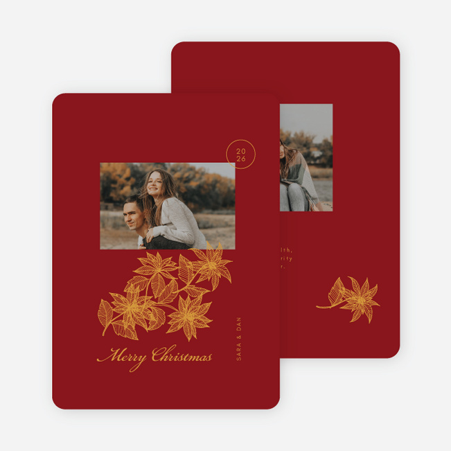 Delicate Holly Outline Personalized Christmas Cards - Red