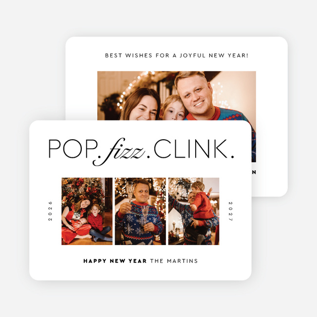 Pop. Fizz. Clink. New Year Cards and Invitations - White