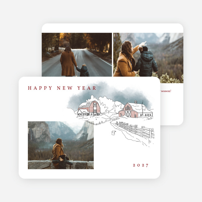 Watercolor Winter Scenery  New Year Cards and Invitations - White