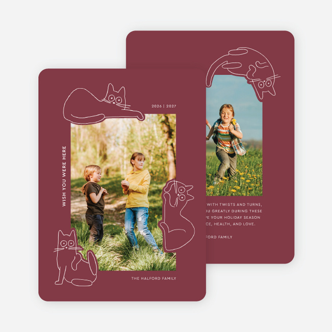 Cat Shaped Friend Multi Photo Holiday Cards - Red