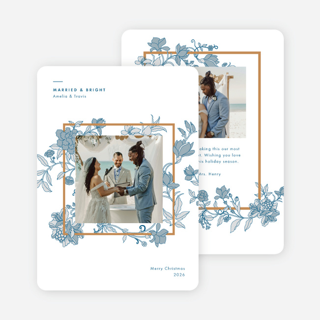 Framed Floral Wishes Personalized Christmas Cards - Blue