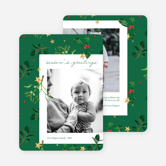 Holly and Stars Christmas Cards Holiday Cards and Invitations - Green