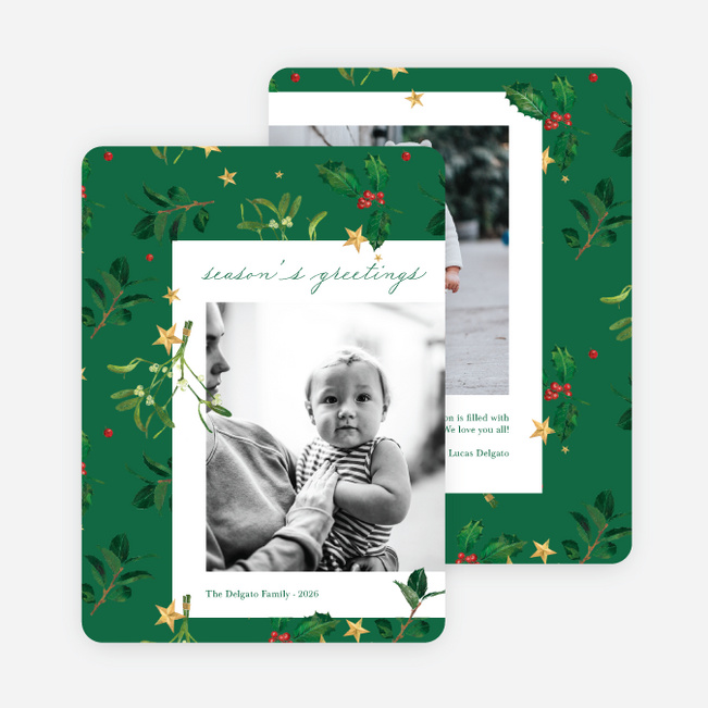 Holly and Stars Christmas Cards Holiday Cards and Invitations - Green