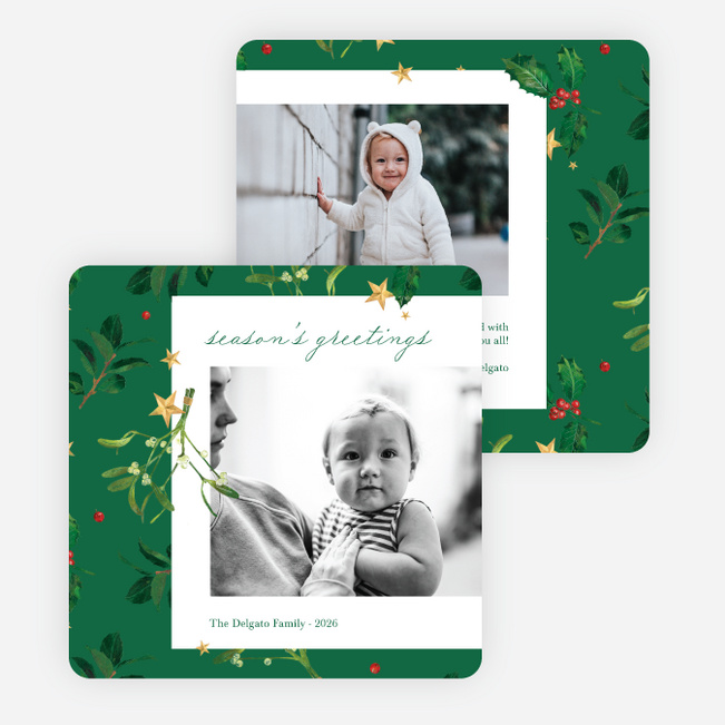 Holly and Stars Christmas Cards Holiday Cards and Invitations - Green