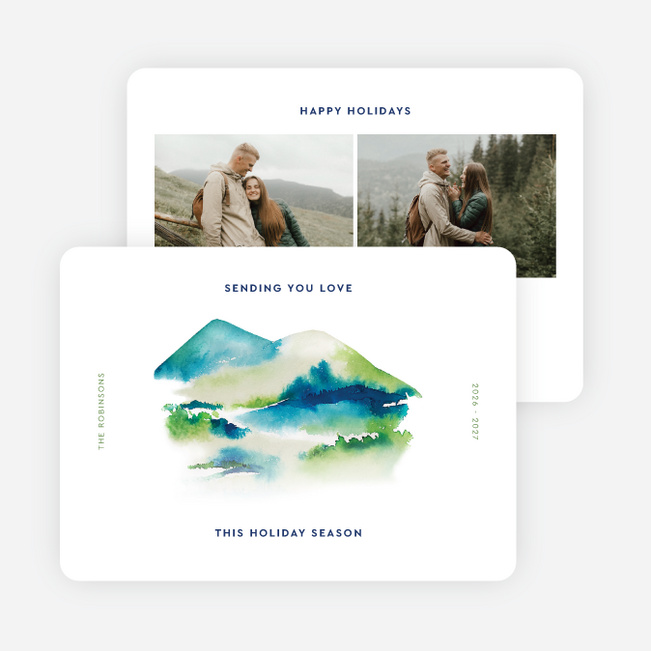 Watercolor Mountainside Holiday Cards and Invitations - White
