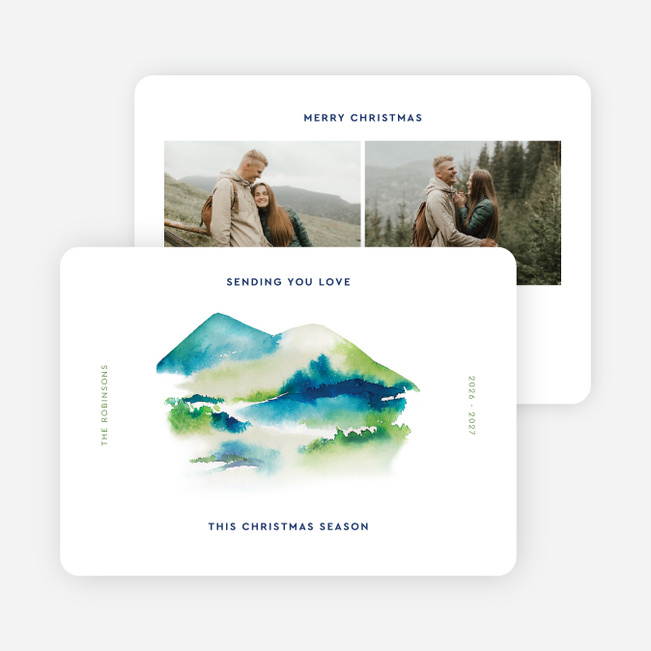 Watercolor Mountainside Personalized Christmas Cards - White