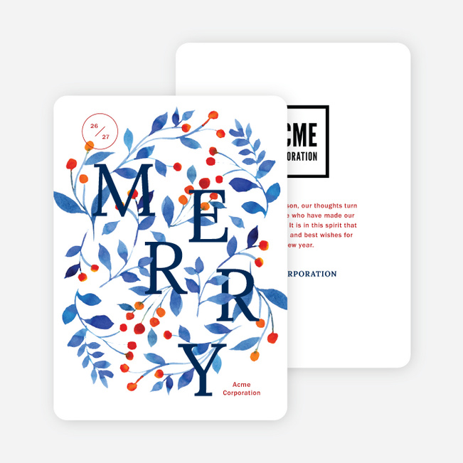 Wintry Leaves Corporate Holiday Cards & Corporate Christmas Cards - Blue