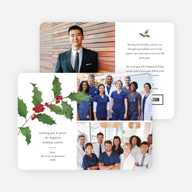 Traditional Holly Branch Corporate Holiday Cards & Corporate Christmas Cards - White