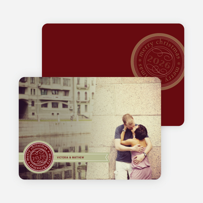 Personalizable Ribbon Seal Christmas Card - Sangria