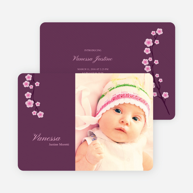 Cherry Blossom Modern Baby Announcement - Royal Purple