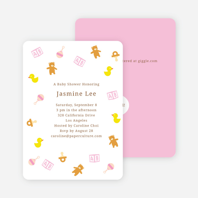 The Baby Classics Baby Shower Invitations: Bears, Ducks, Blocks, Pacifiers and Rattles - Pink