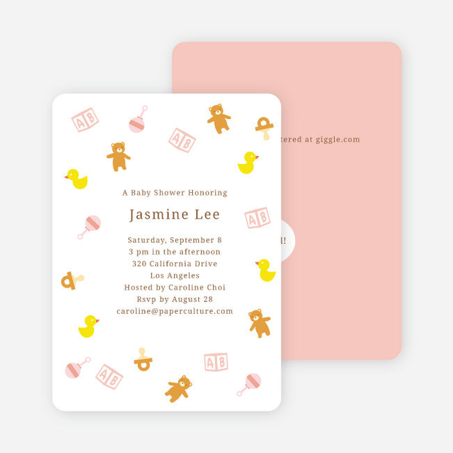 The Baby Classics Baby Shower Invitations: Bears, Ducks, Blocks, Pacifiers and Rattles - Orange
