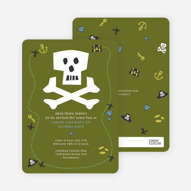 Green Pirate Modern Birthday Invitation - Olive Green