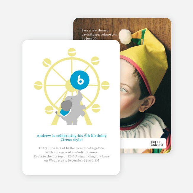 Elephants and the Circus Kids Birthday Party Invitations - Blue Bash