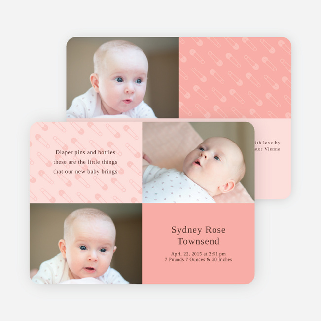 Baby pin Photo Birth Announcements - Blush