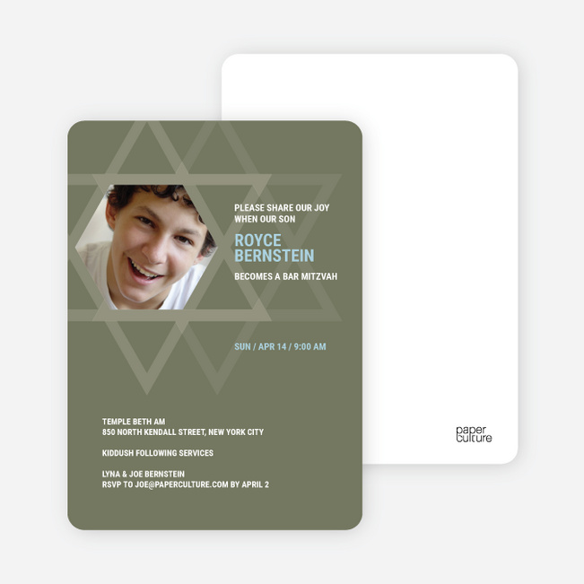 Intertwined Stars of David: Bar and Bat Mitzvah Invitations - Olive
