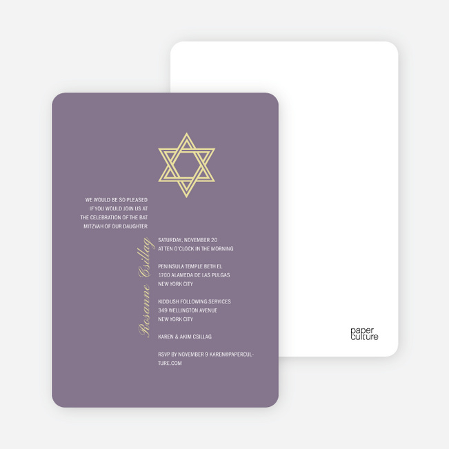 Simple Star of David Bar and Bat Mitzvah Invitations - Light Eggplant