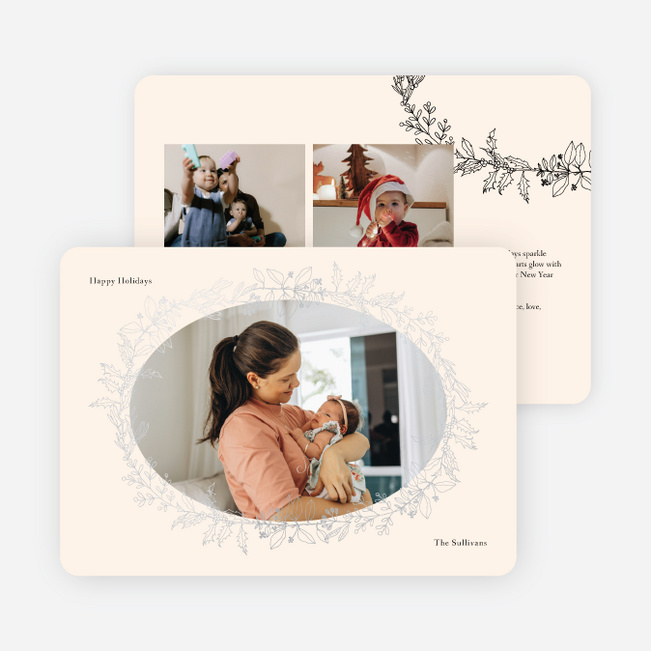 Foil Oval Floral Frame Holiday Cards and Invitations - Gray