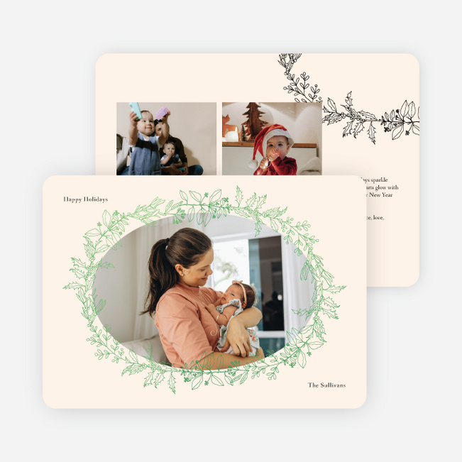 Foil Oval Floral Frame Holiday Cards and Invitations - Green