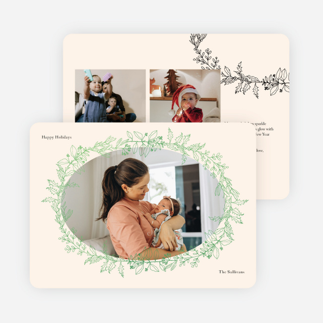 Foil Oval Floral Frame Holiday Cards and Invitations - Green