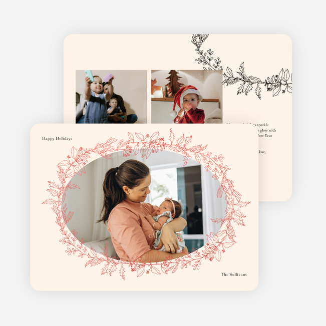 Foil Oval Floral Frame Holiday Cards and Invitations - Red