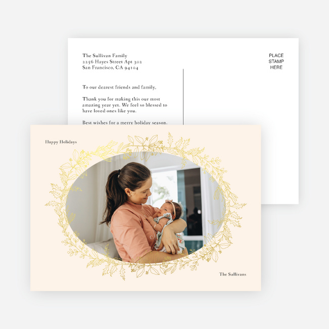 Foil Oval Floral Frame Holiday Cards and Invitations - Yellow