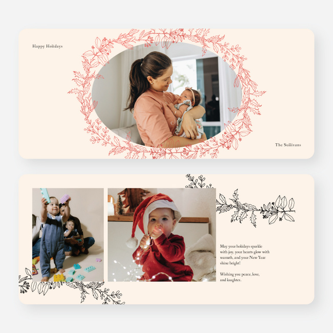 Foil Oval Floral Frame Holiday Cards and Invitations - Red