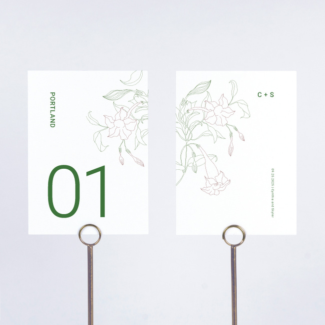 Stenciled Bloom Wedding Table Cards - White