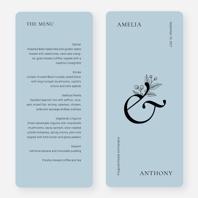 Floral Ampersand Wedding Menus - Blue