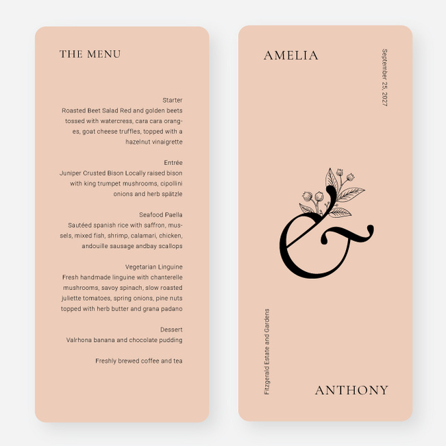 Floral Ampersand Wedding Menus - Orange