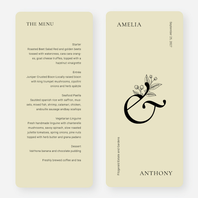 Floral Ampersand Wedding Menus - Yellow