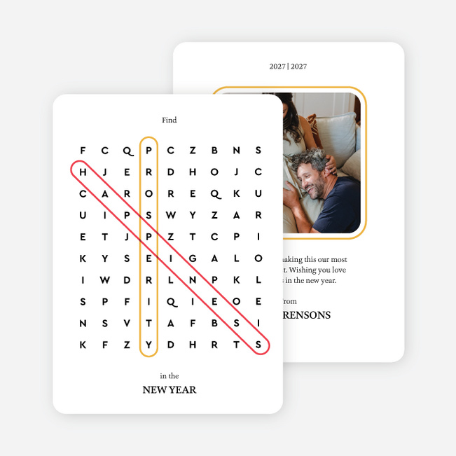 Prosperous Word Search New Year Cards and Invitations - White