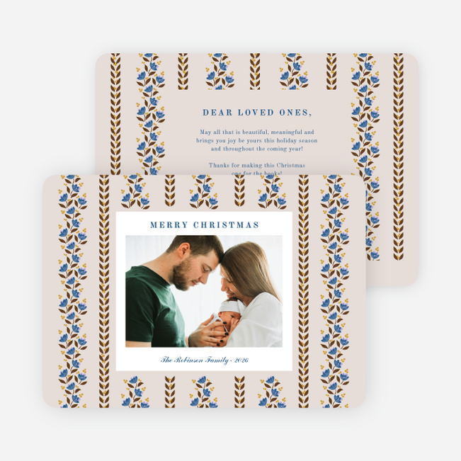 Pointsettia Stripes Christmas Cards - Blue