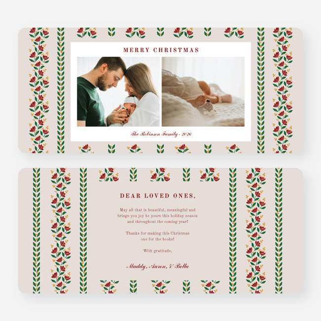 Pointsettia Stripes Christmas Cards - Red