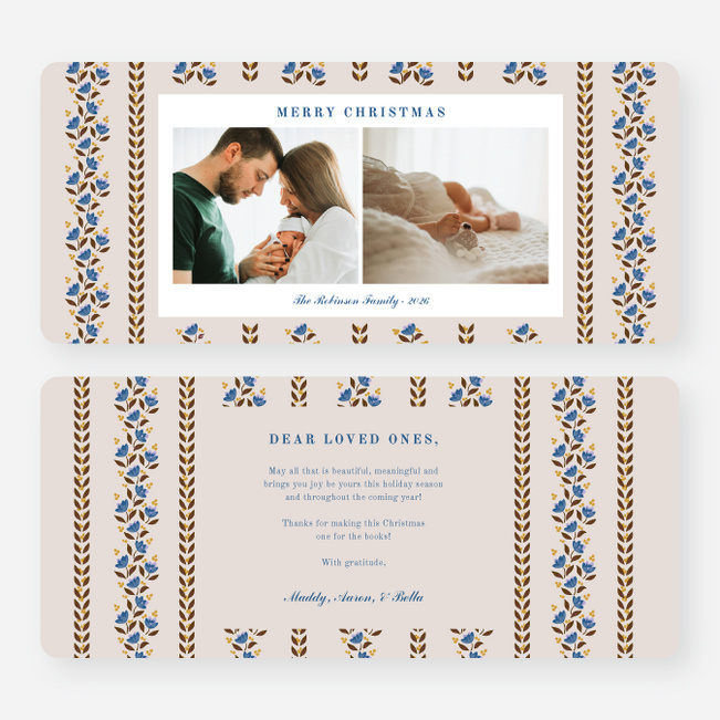 Pointsettia Stripes Christmas Cards - Blue