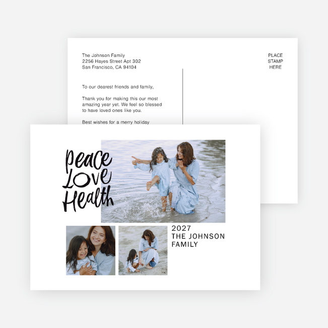 Peace Love Health New Year Cards and Invitations - White