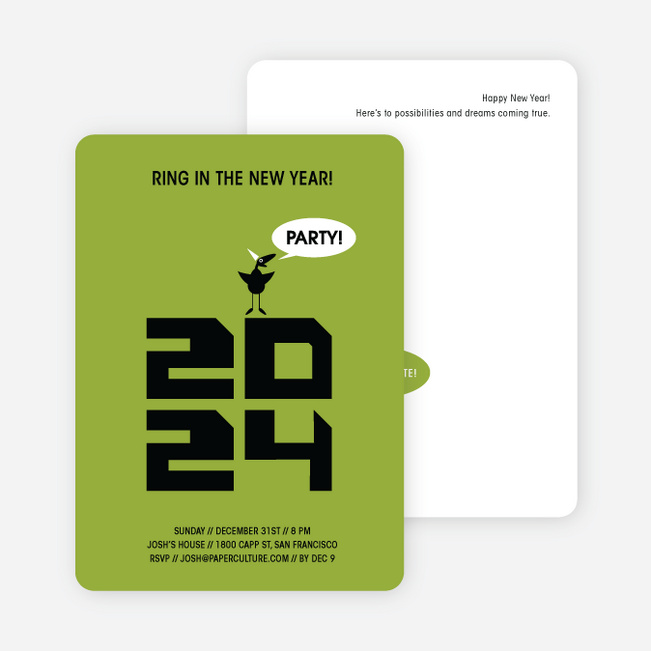 Chic New Year’s Eve Party Bird Invitations - Asparagus Green